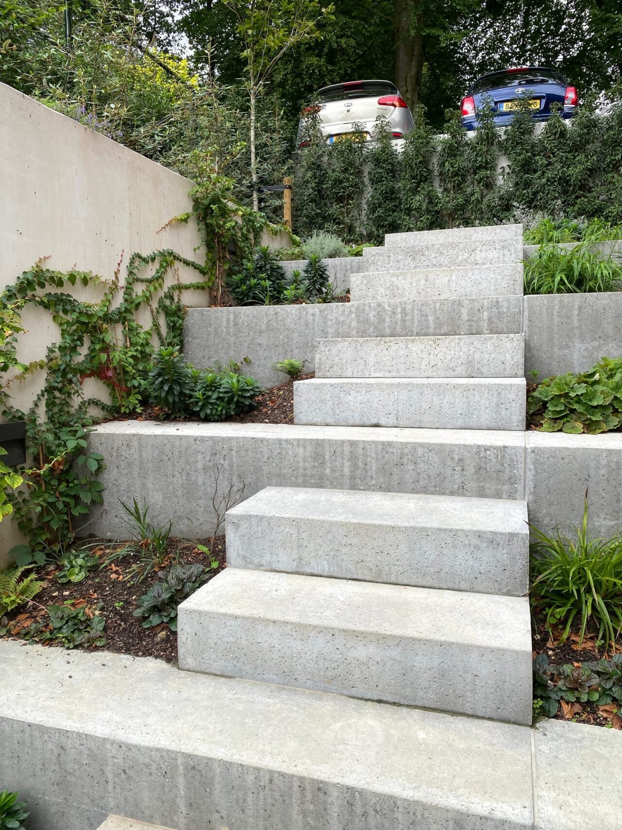 Tuin met hoogteverschil en betonnen trappen, foto 6